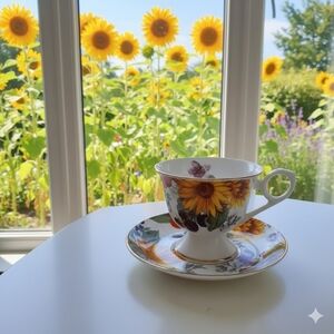 Gracie Bone China Vintage Sunflower & Blossoms Gold Rim Tea Cup & Saucer Set
